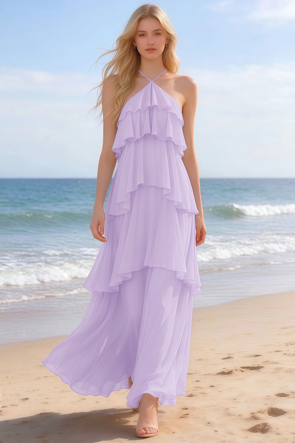 Audrey lilac halter chiffon maxi dress shown from the front on a beach