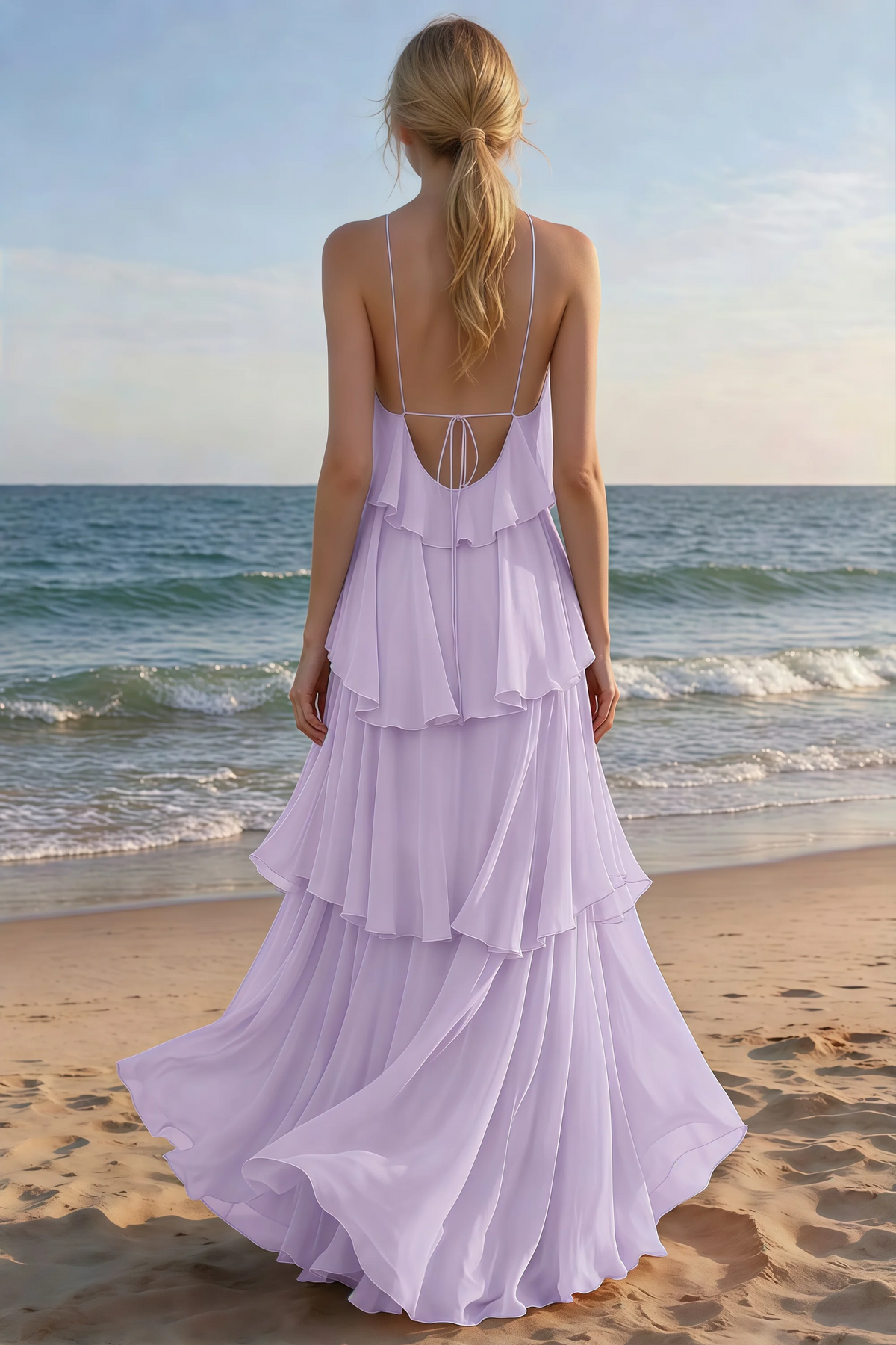 Rear beach view of Audrey lilac tiered maxi dress with an open back and flowing hem