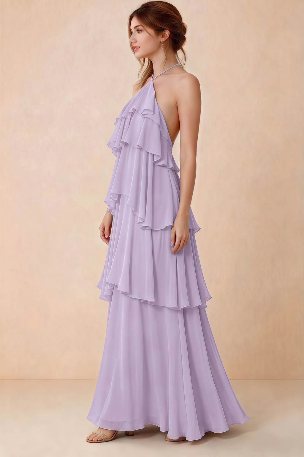 Side view of Audrey lilac chiffon dress showing the relaxed shape and layered ruffles