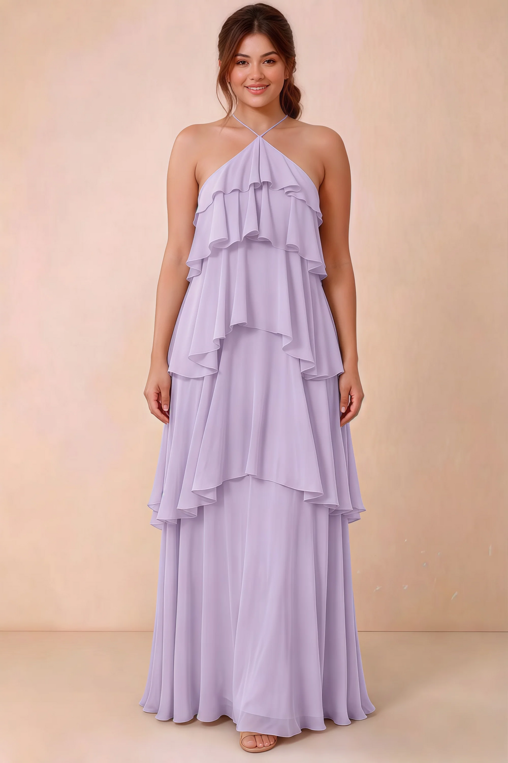 Front studio view of Audrey lilac halter maxi dress showing the relaxed chiffon tiers