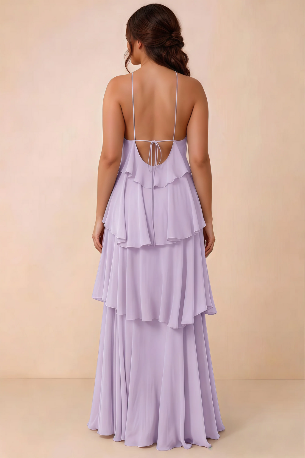 Rear studio view of Audrey lilac tiered chiffon dress showing the low back and fine ties