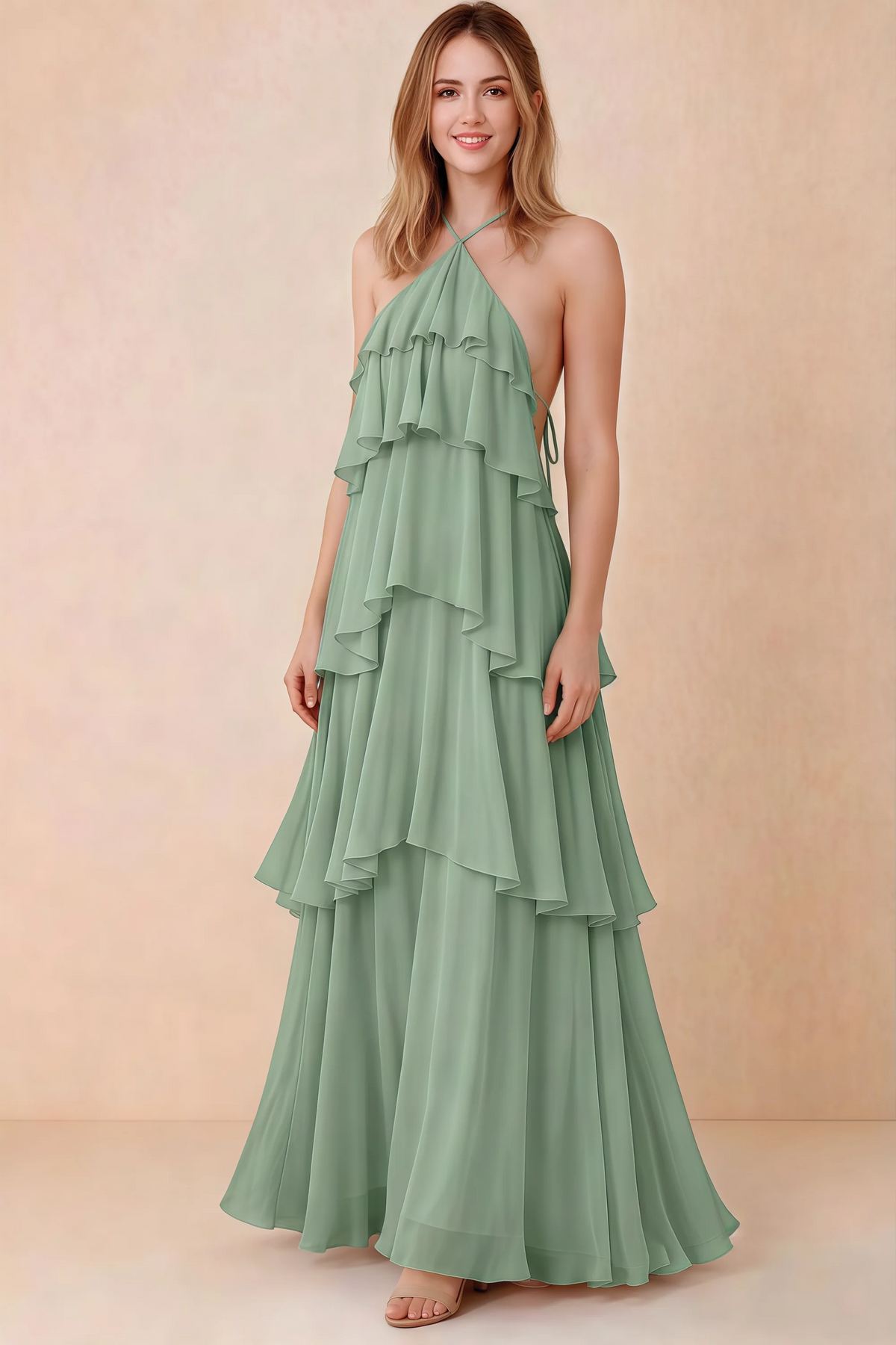Front view of Audrey matcha green chiffon maxi dress with crossed halter straps and cascading tiered ruffles