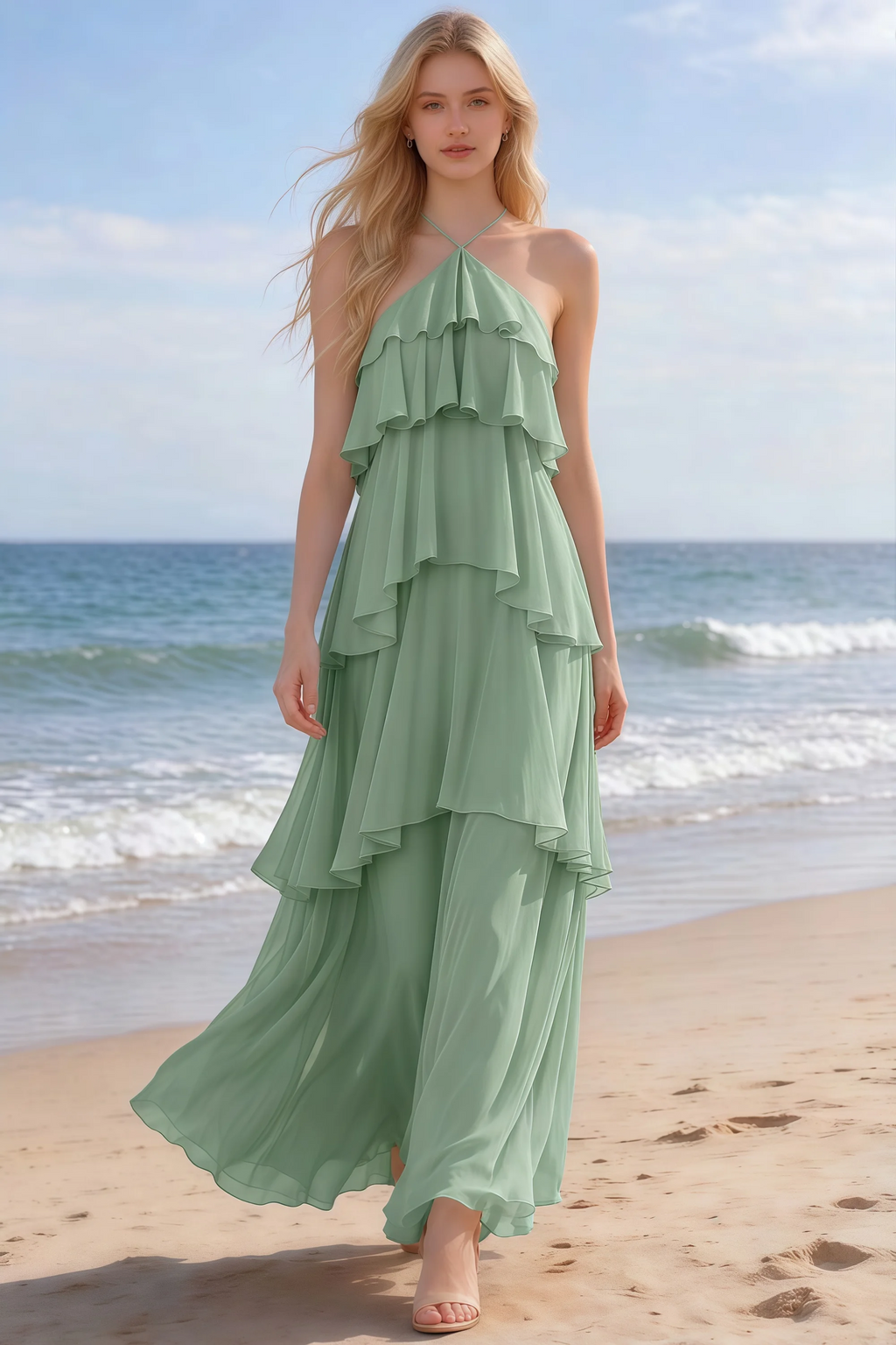 Audrey matcha green halter chiffon maxi dress shown from the front on a beach
