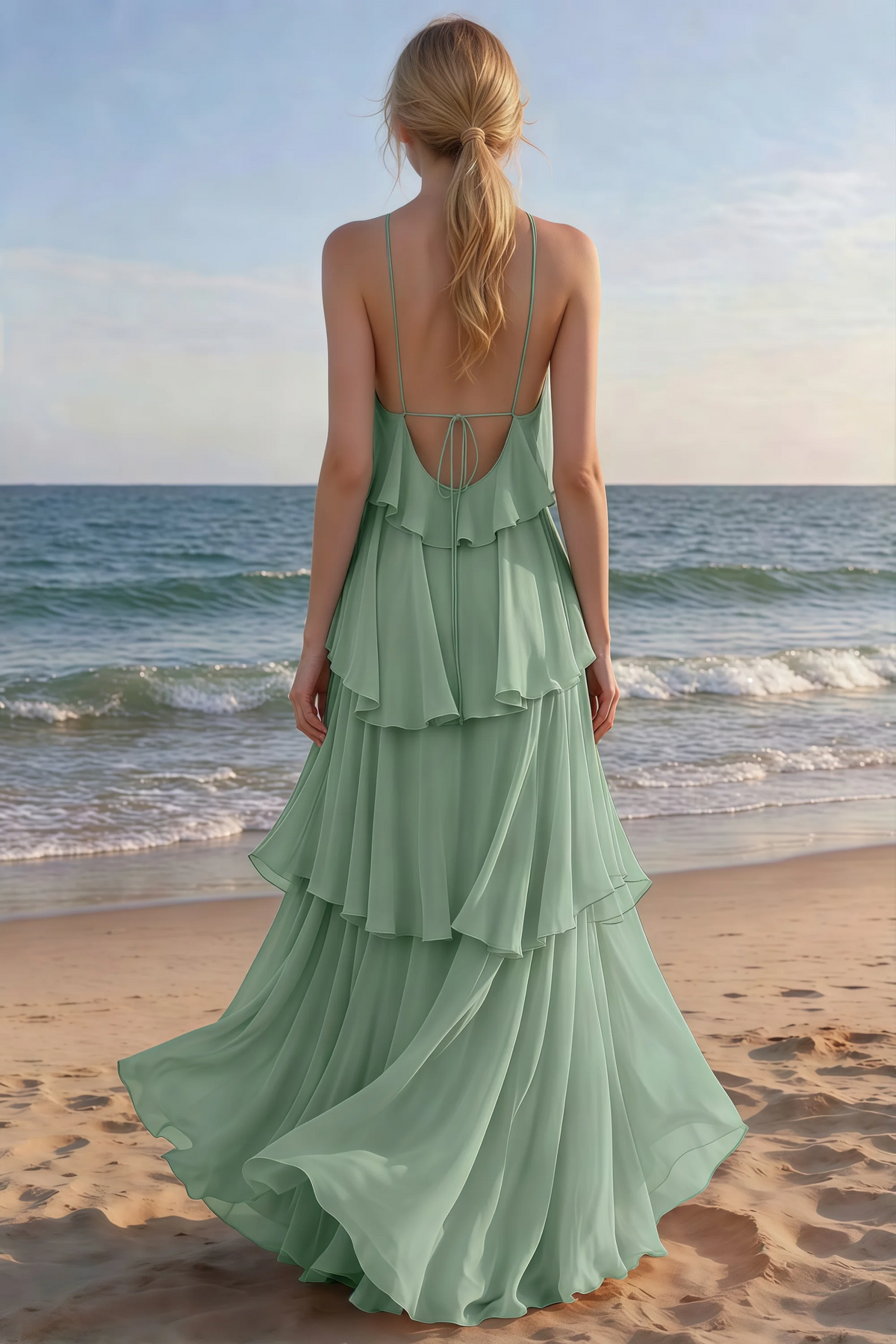 Rear beach view of Audrey matcha green tiered maxi dress with an open back and flowing hem