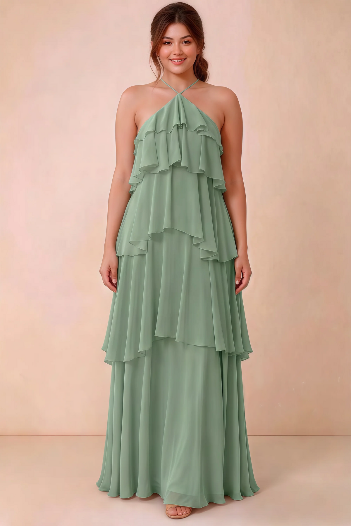 Front studio view of Audrey matcha green halter maxi dress showing the relaxed chiffon tiers