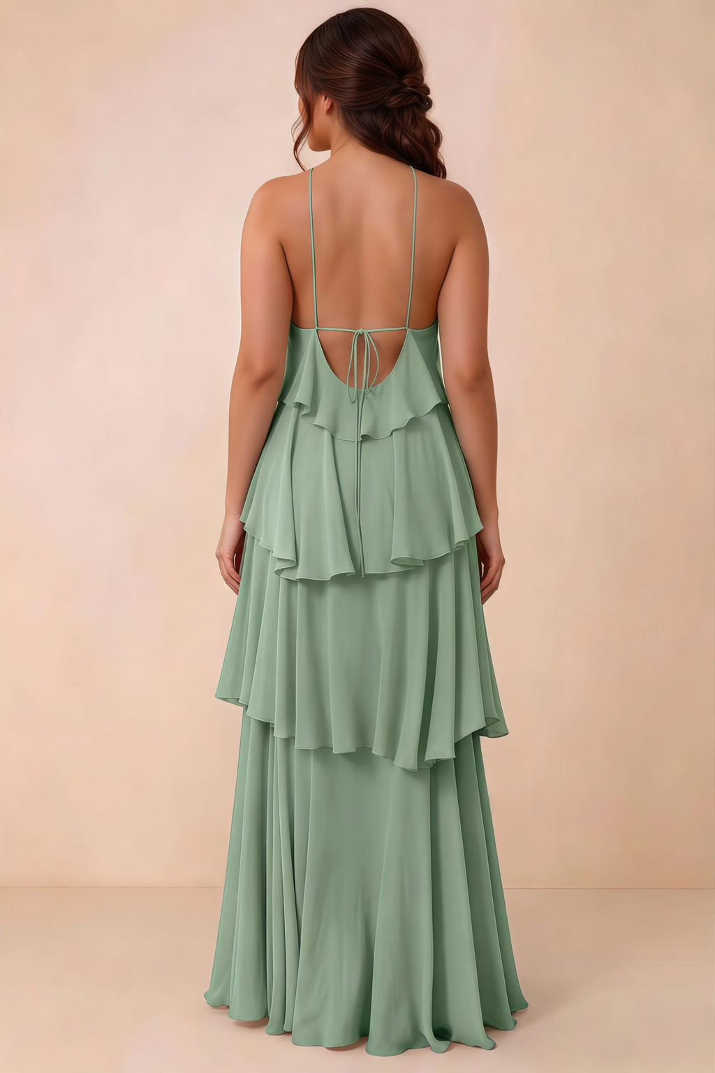 Rear studio view of Audrey matcha green tiered chiffon dress showing the low back and fine ties