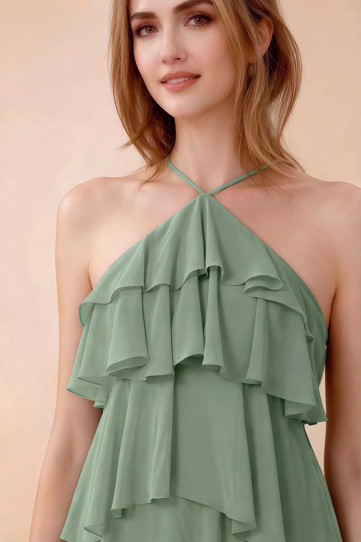 Close-up of Audrey matcha green crossed halter neckline and soft chiffon ruffles