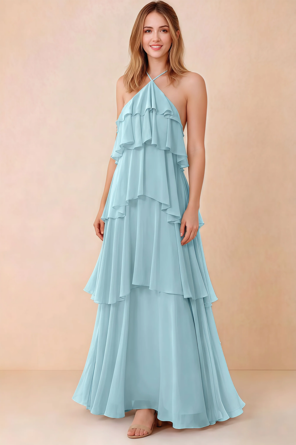 Front view of Audrey mist chiffon maxi dress with crossed halter straps and cascading tiered ruffles