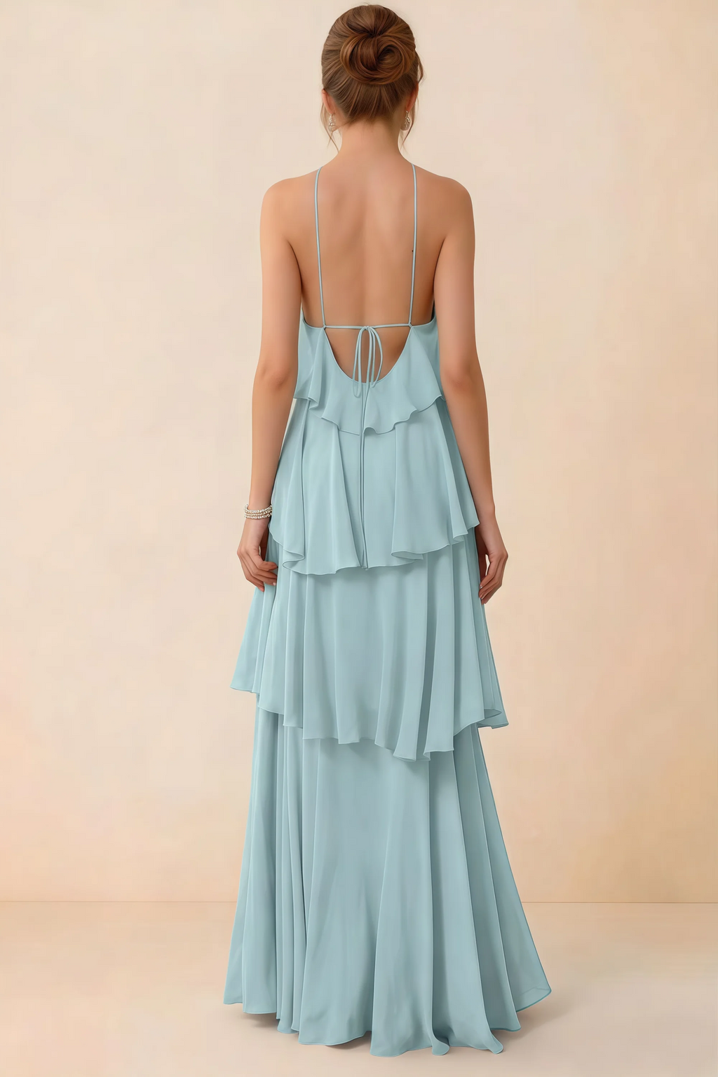 Back view of Audrey mist ruffle maxi dress showing a low open back and fine tie straps
