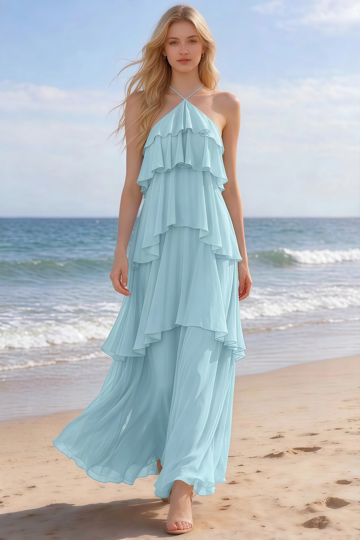 Audrey mist halter chiffon maxi dress shown from the front on a beach