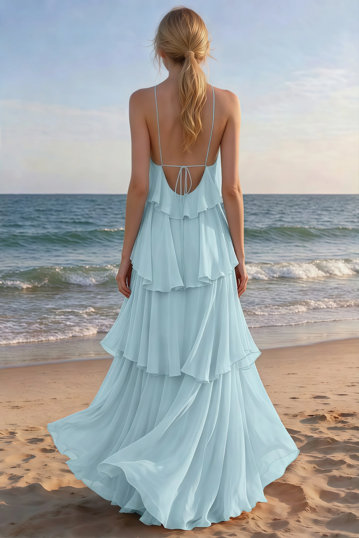 Rear beach view of Audrey mist tiered maxi dress with an open back and flowing hem
