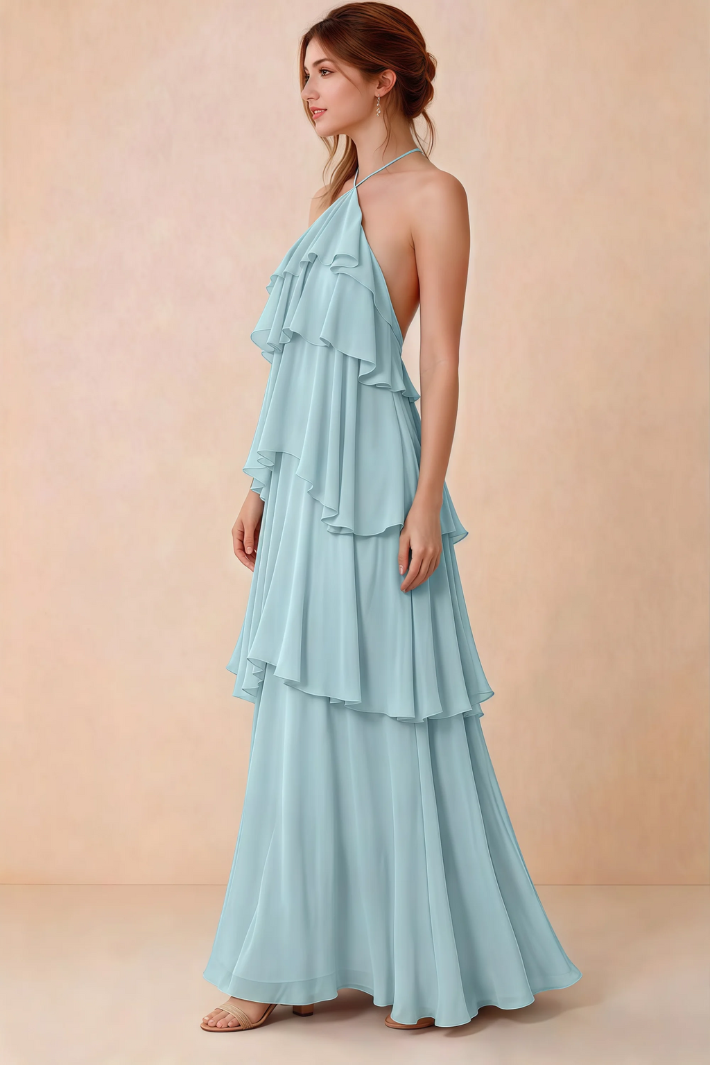 Side view of Audrey mist chiffon dress showing the relaxed shape and layered ruffles