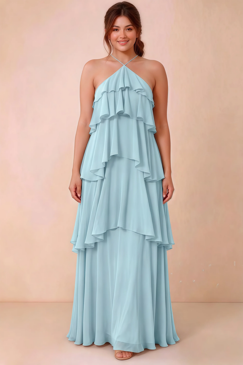 Front studio view of Audrey mist halter maxi dress showing the relaxed chiffon tiers