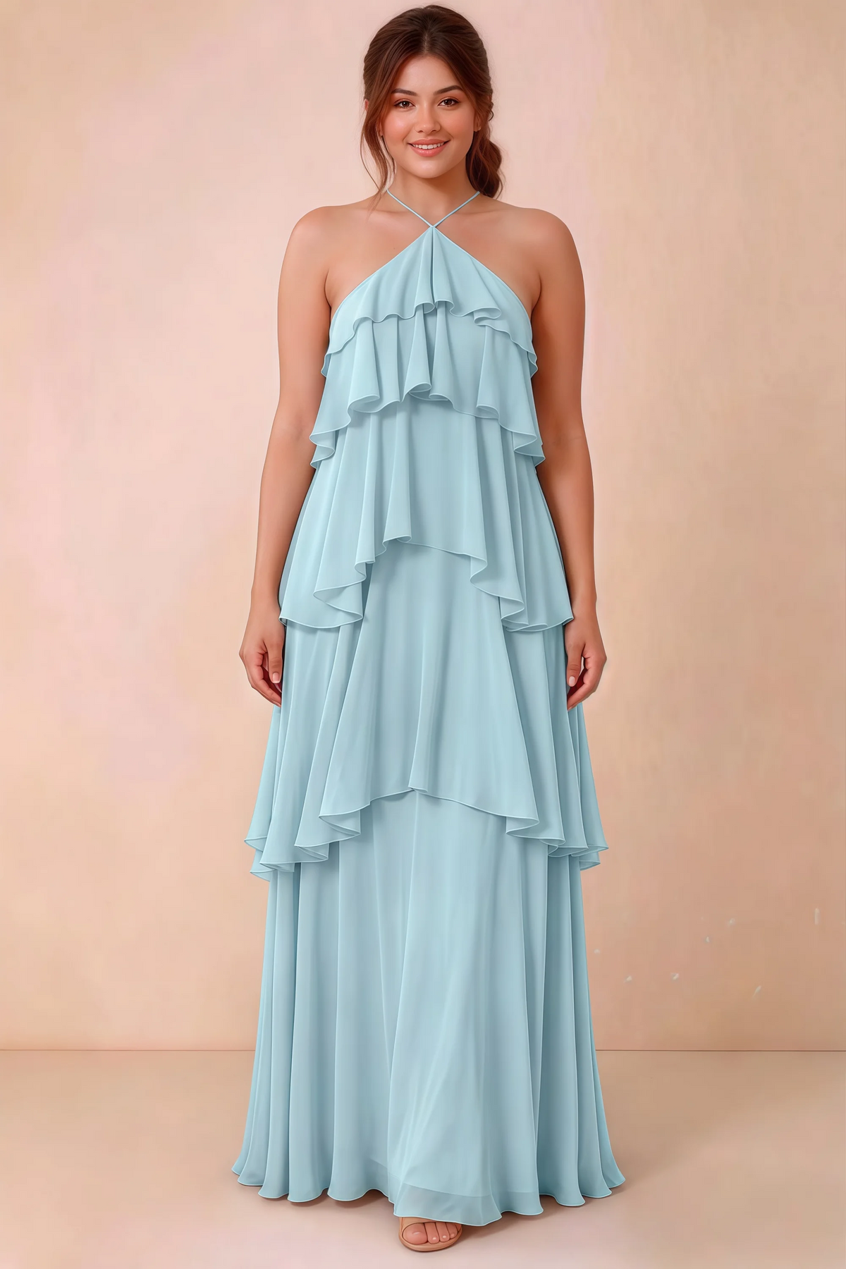 Front studio view of Audrey mist halter maxi dress showing the relaxed chiffon tiers