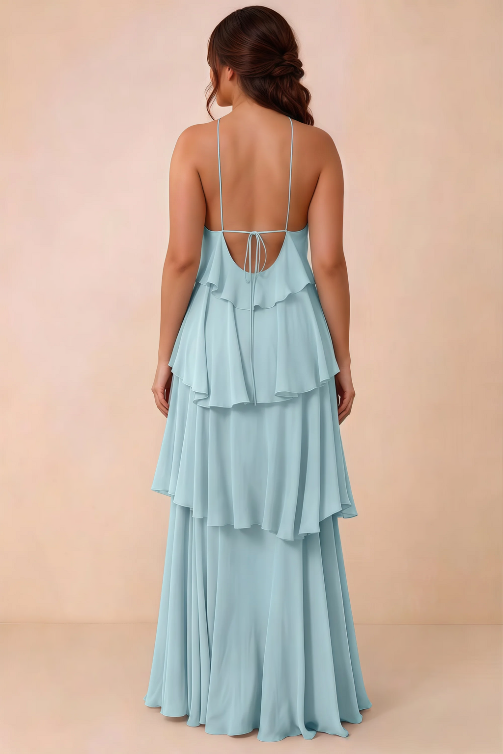 Rear studio view of Audrey mist tiered chiffon dress showing the low back and fine ties