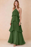 Front view of Audrey olive chiffon maxi dress with crossed halter straps and cascading tiered ruffles
