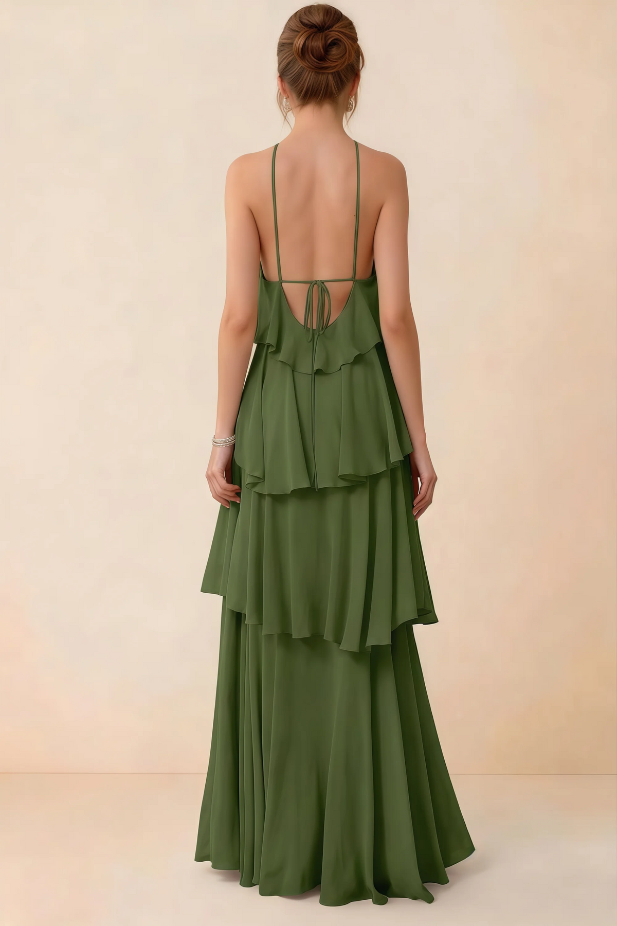 Back view of Audrey olive ruffle maxi dress showing a low open back and fine tie straps