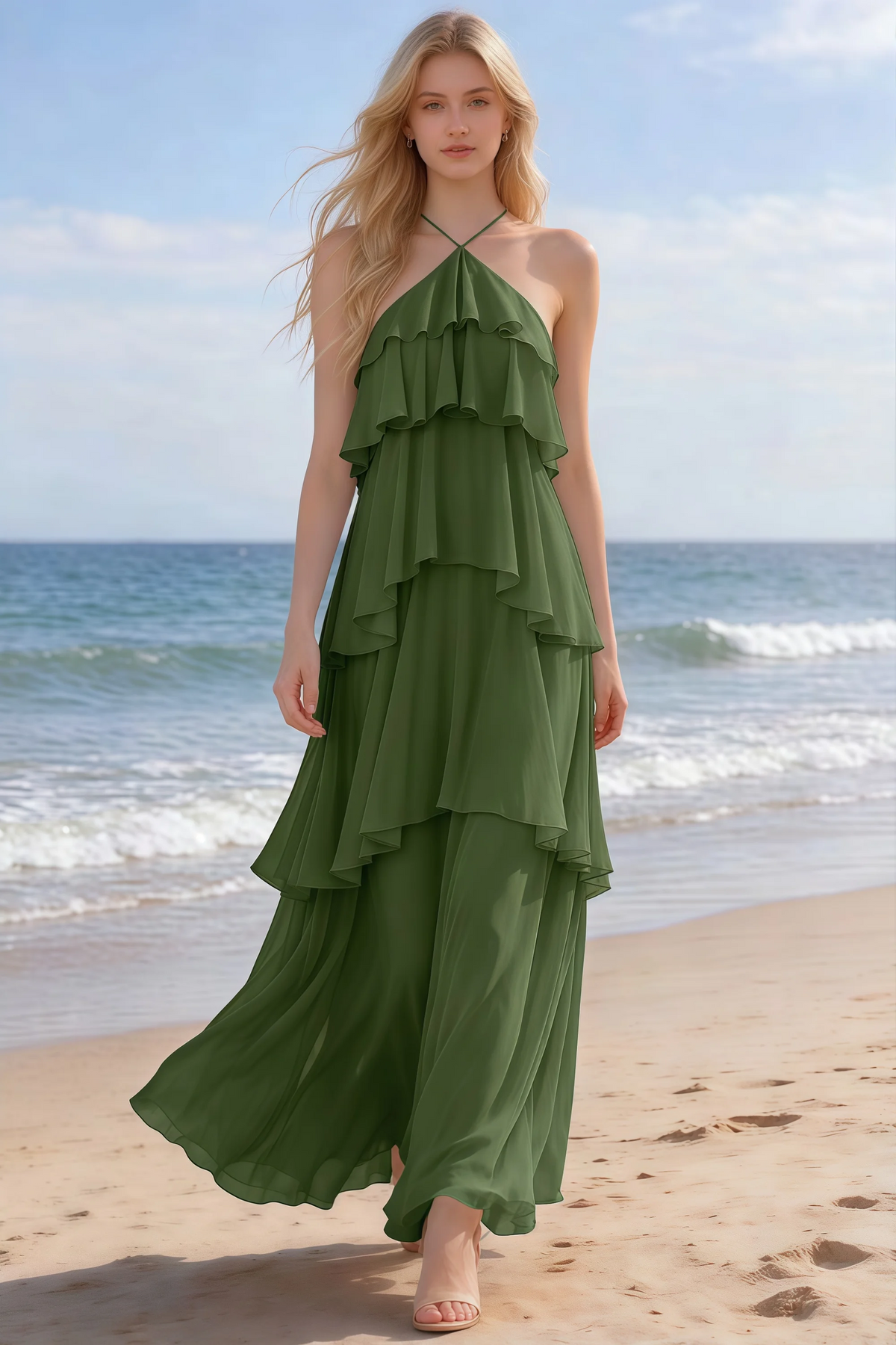 Audrey olive halter chiffon maxi dress shown from the front on a beach