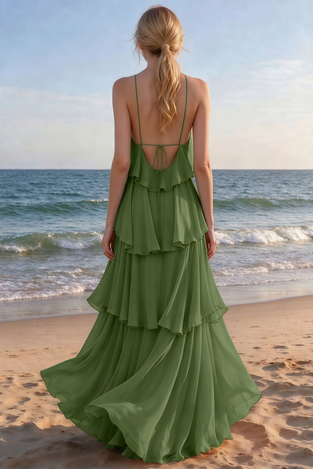 Rear beach view of Audrey olive tiered maxi dress with an open back and flowing hem