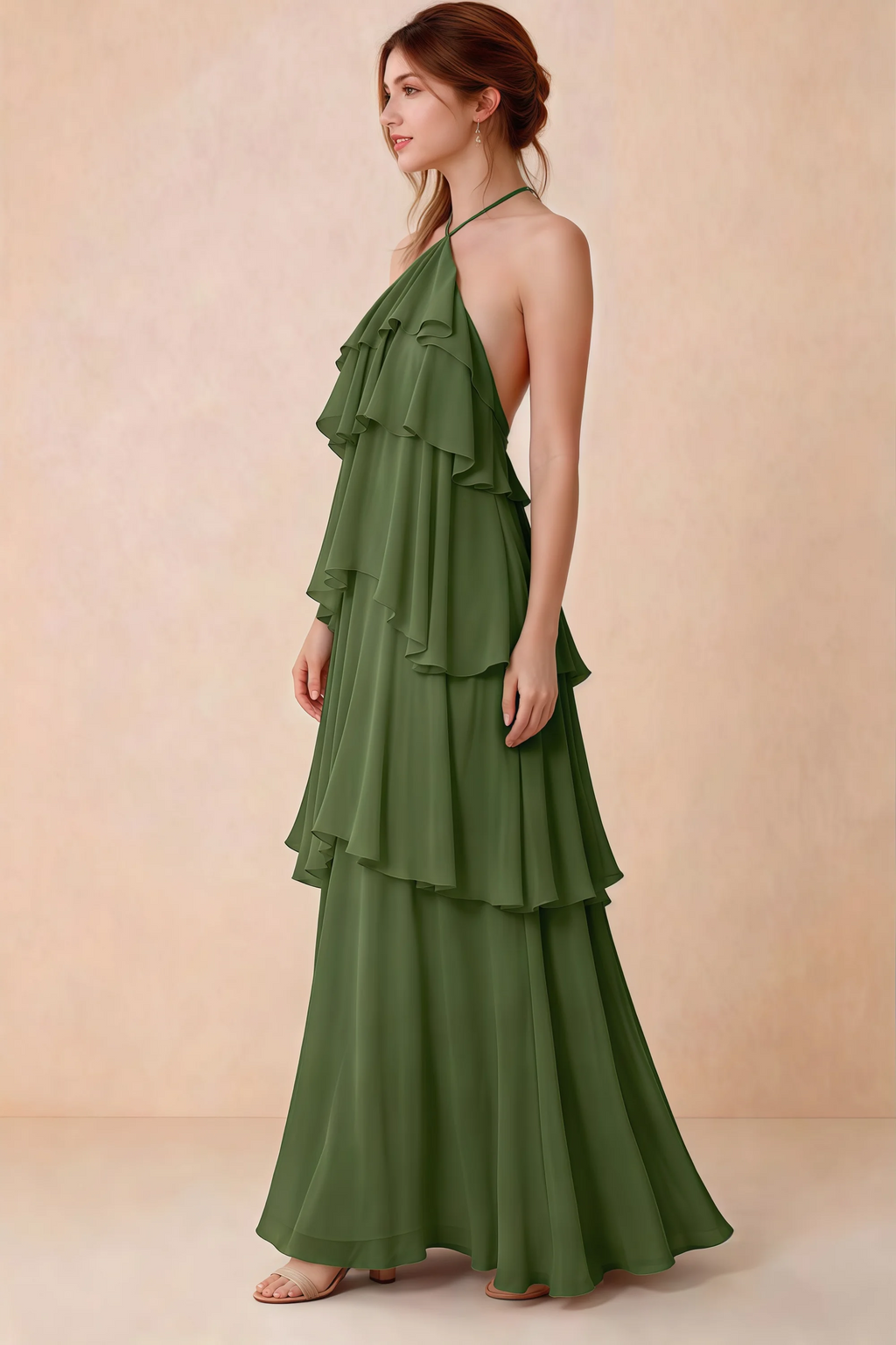 Side view of Audrey olive chiffon dress showing the relaxed shape and layered ruffles