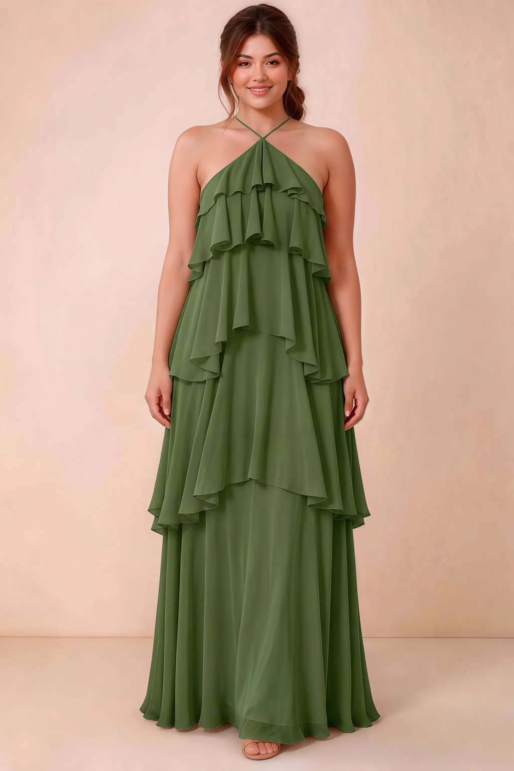 Front studio view of Audrey olive halter maxi dress showing the relaxed chiffon tiers