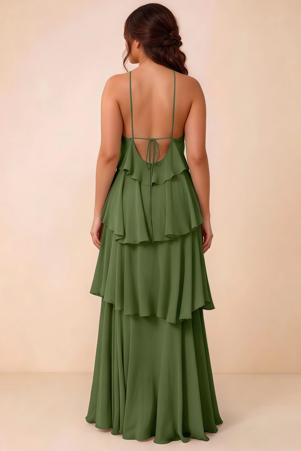 Rear studio view of Audrey olive tiered chiffon dress showing the low back and fine ties