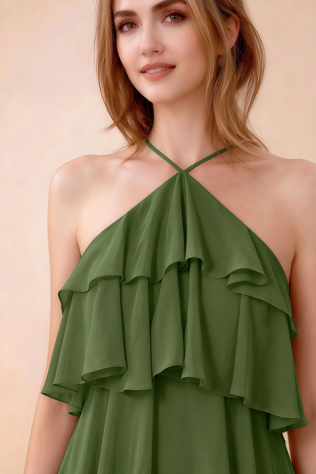 Close-up of Audrey olive crossed halter neckline and soft chiffon ruffles