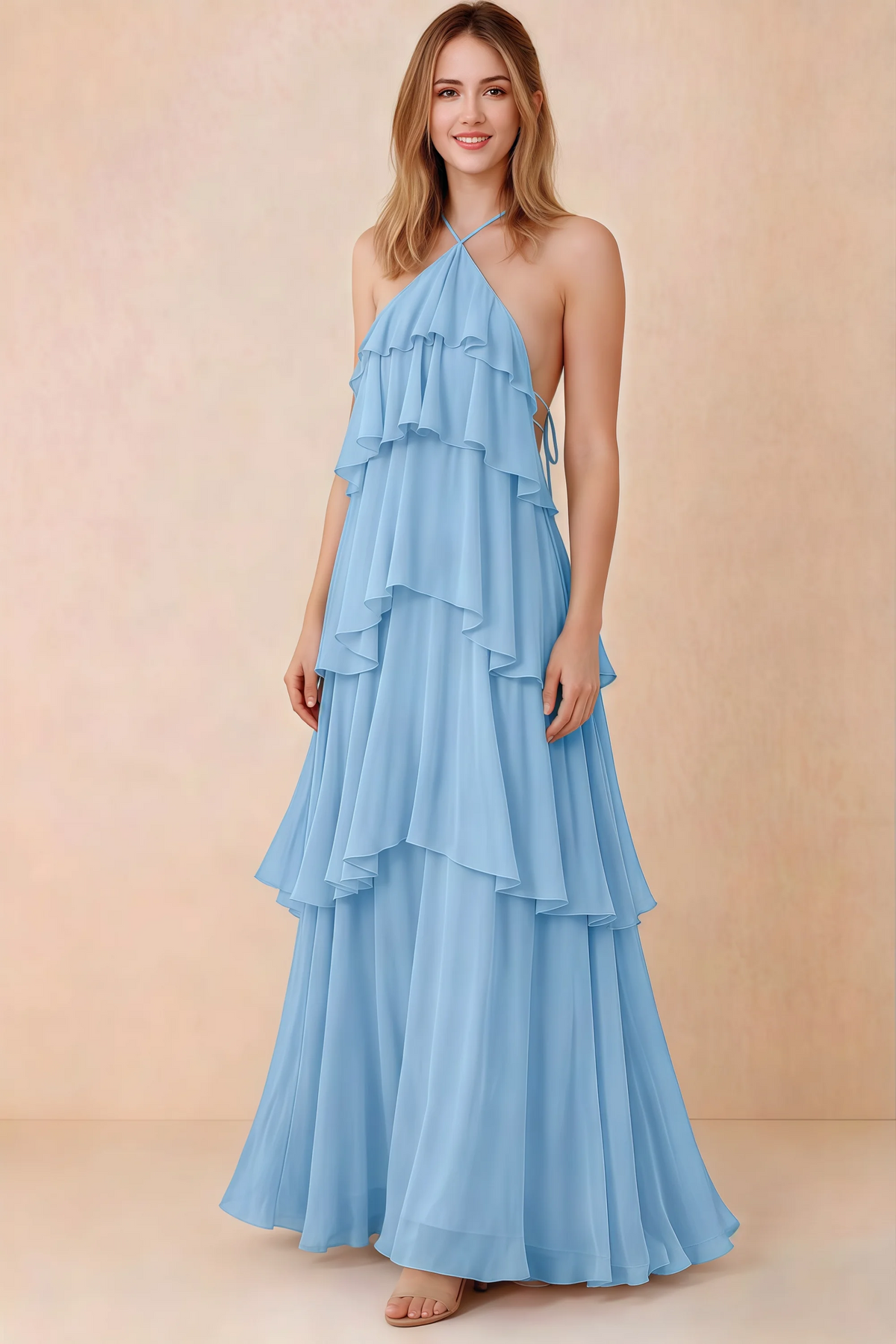 Front view of Audrey powder blue chiffon maxi dress with crossed halter straps and cascading tiered ruffles