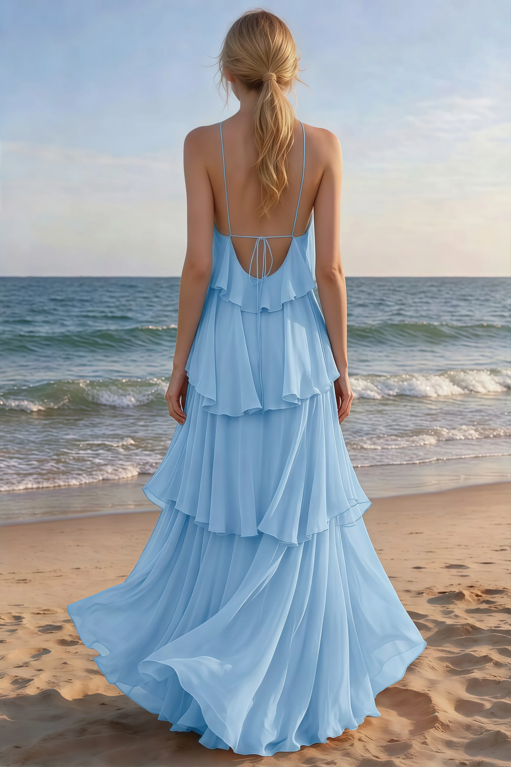 Rear beach view of Audrey powder blue tiered maxi dress with an open back and flowing hem