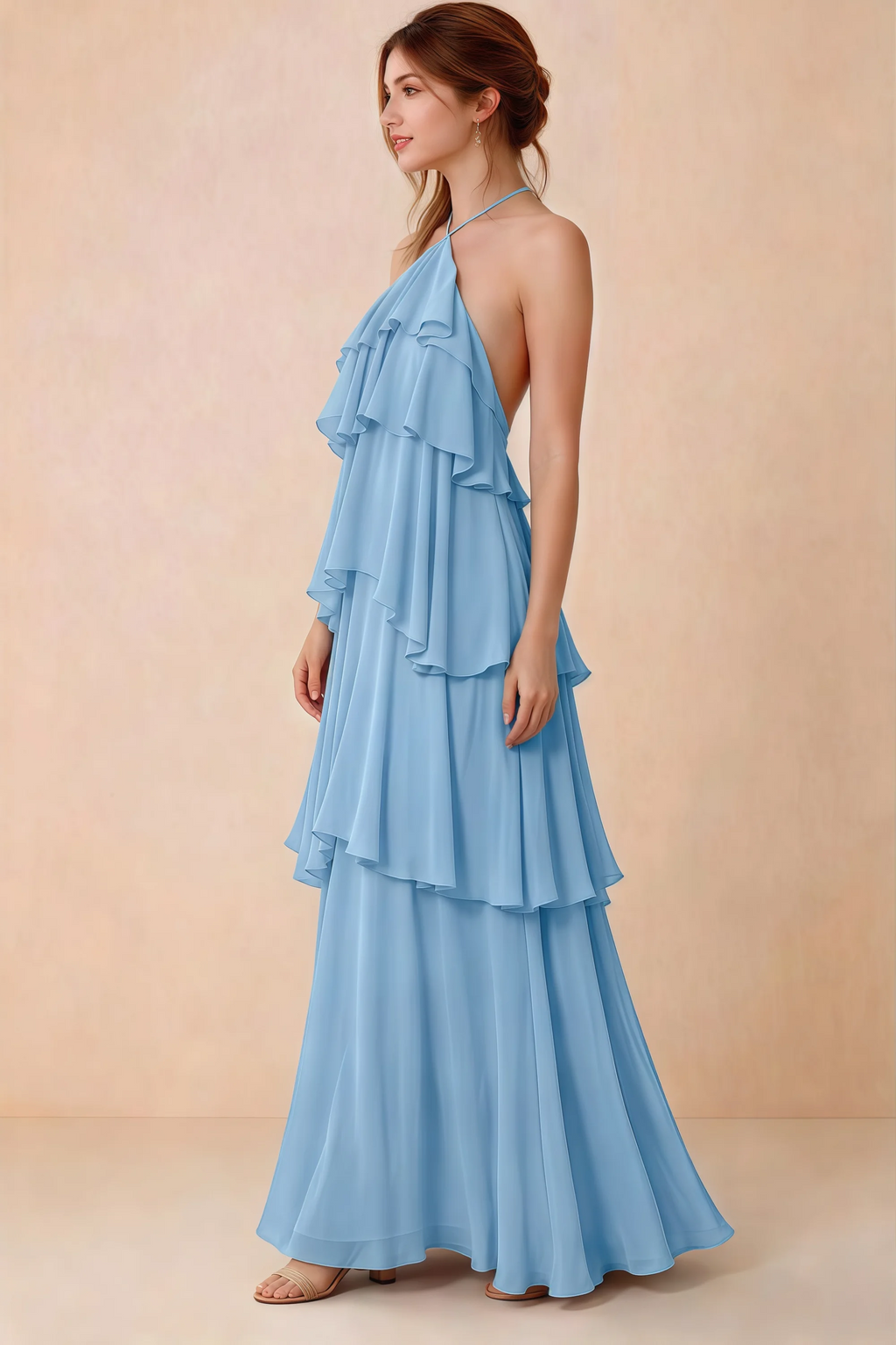 Side view of Audrey powder blue chiffon dress showing the relaxed shape and layered ruffles