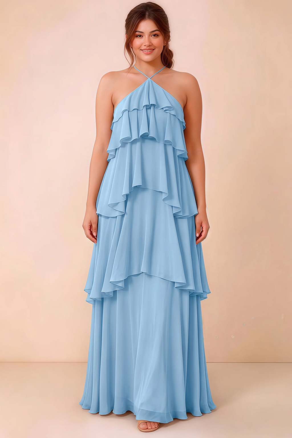 Front studio view of Audrey powder blue halter maxi dress showing the relaxed chiffon tiers