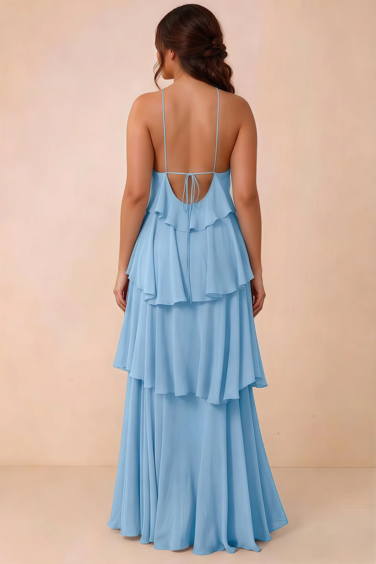 Rear studio view of Audrey powder blue tiered chiffon dress showing the low back and fine ties