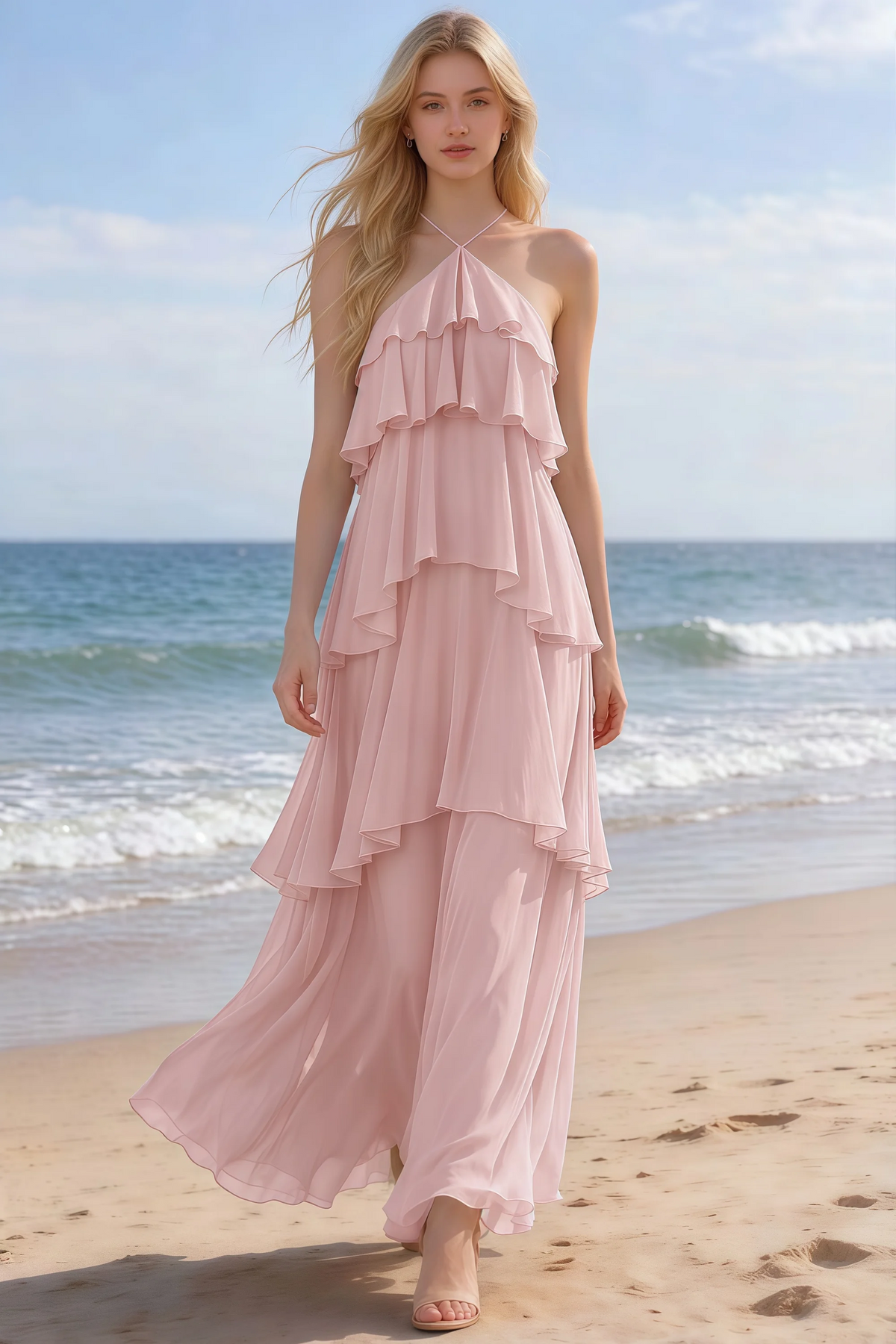 Audrey powder pink halter chiffon maxi dress shown from the front on a beach