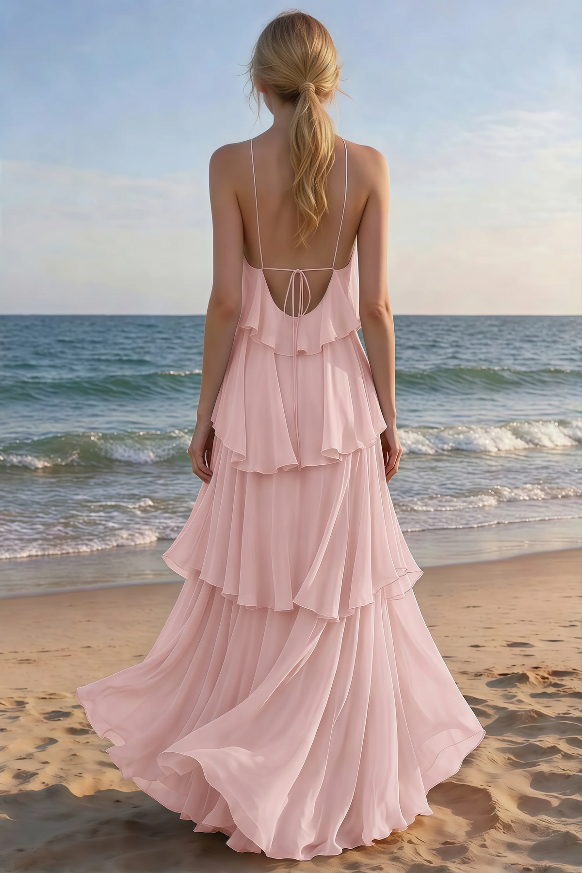 Rear beach view of Audrey powder pink tiered maxi dress with an open back and flowing hem