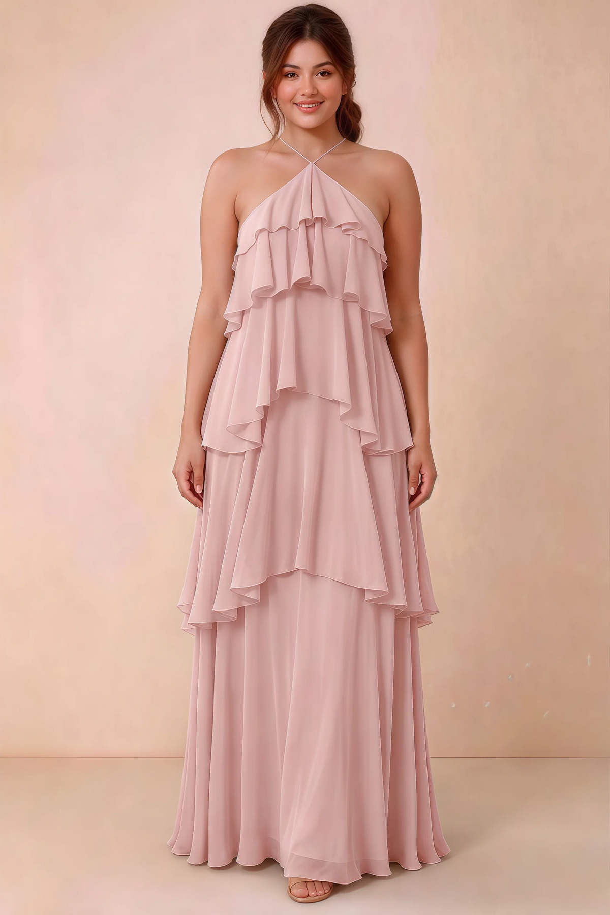 Front studio view of Audrey powder pink halter maxi dress showing the relaxed chiffon tiers