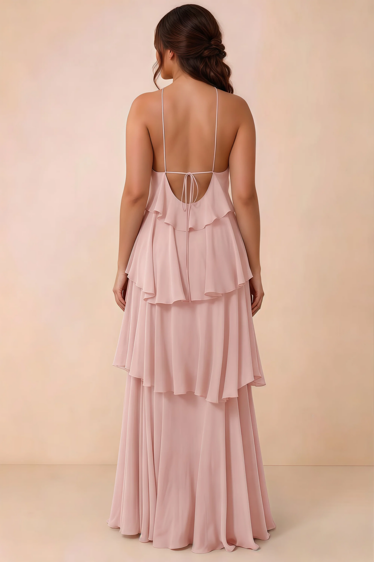 Rear studio view of Audrey powder pink tiered chiffon dress showing the low back and fine ties