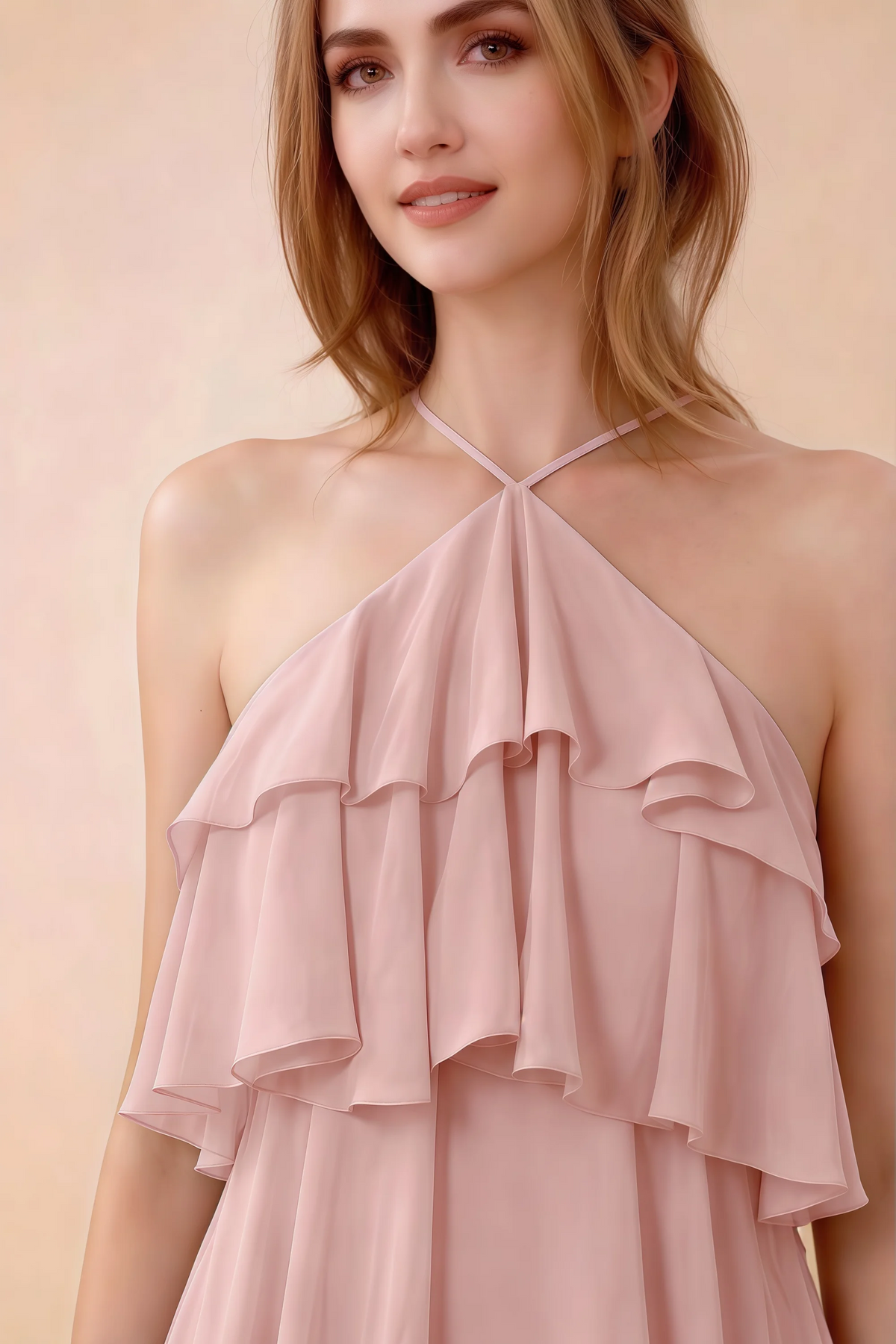 Close-up of Audrey powder pink crossed halter neckline and soft chiffon ruffles