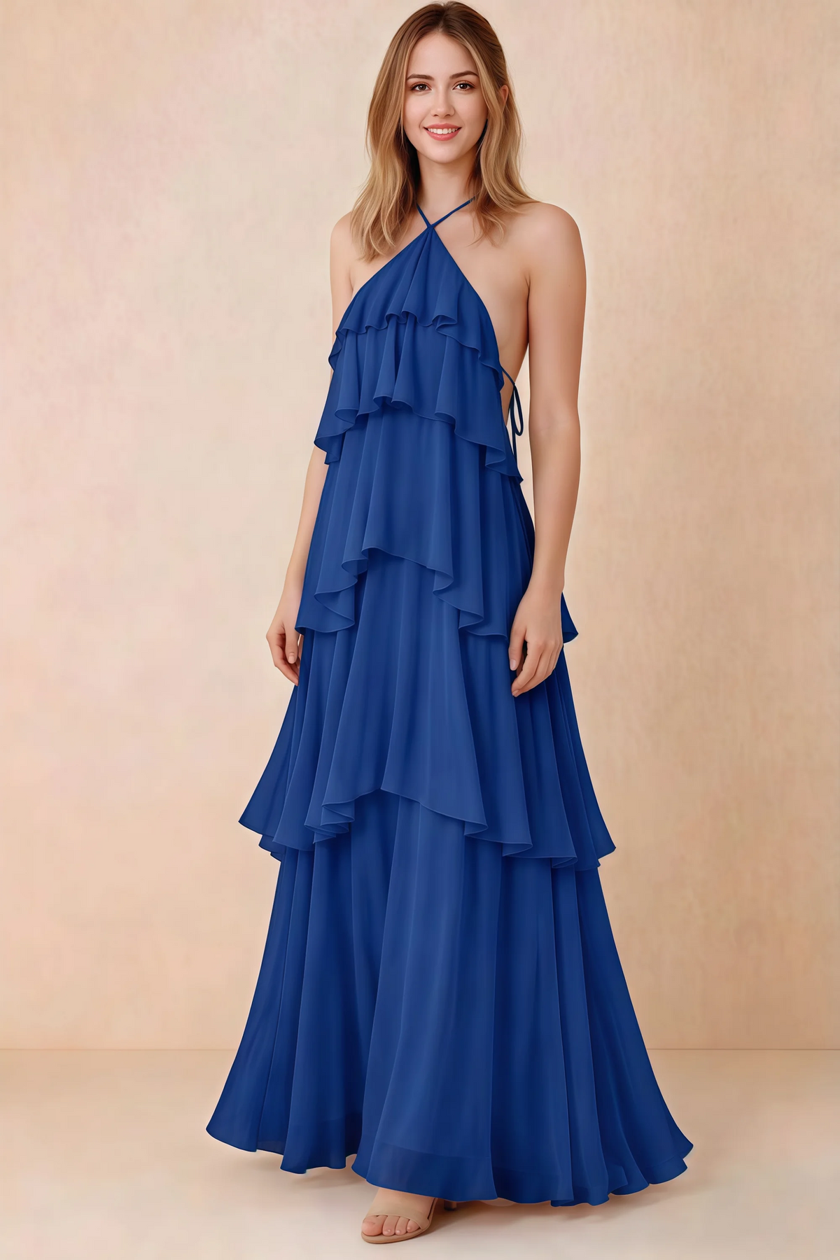 Front view of Audrey royal blue chiffon maxi dress with crossed halter straps and cascading tiered ruffles
