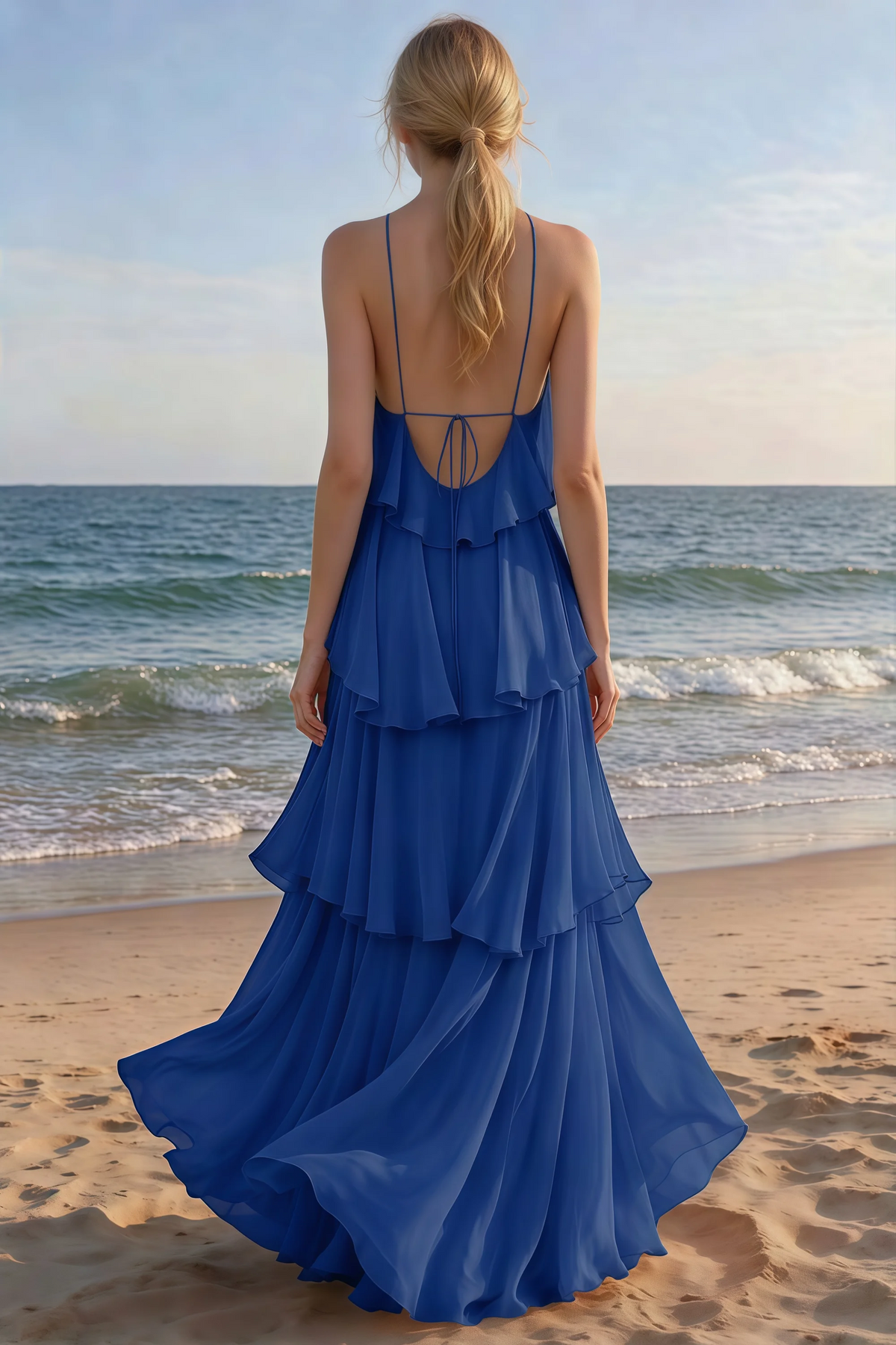 Rear beach view of Audrey royal blue tiered maxi dress with an open back and flowing hem