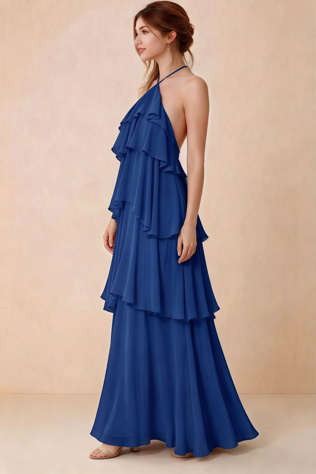 Side view of Audrey royal blue chiffon dress showing the relaxed shape and layered ruffles