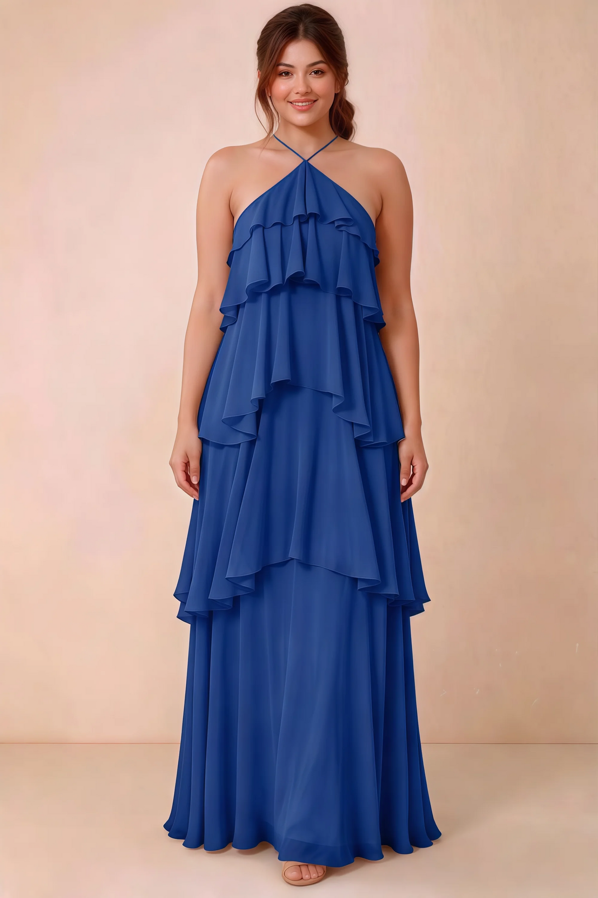 Front studio view of Audrey royal blue halter maxi dress showing the relaxed chiffon tiers