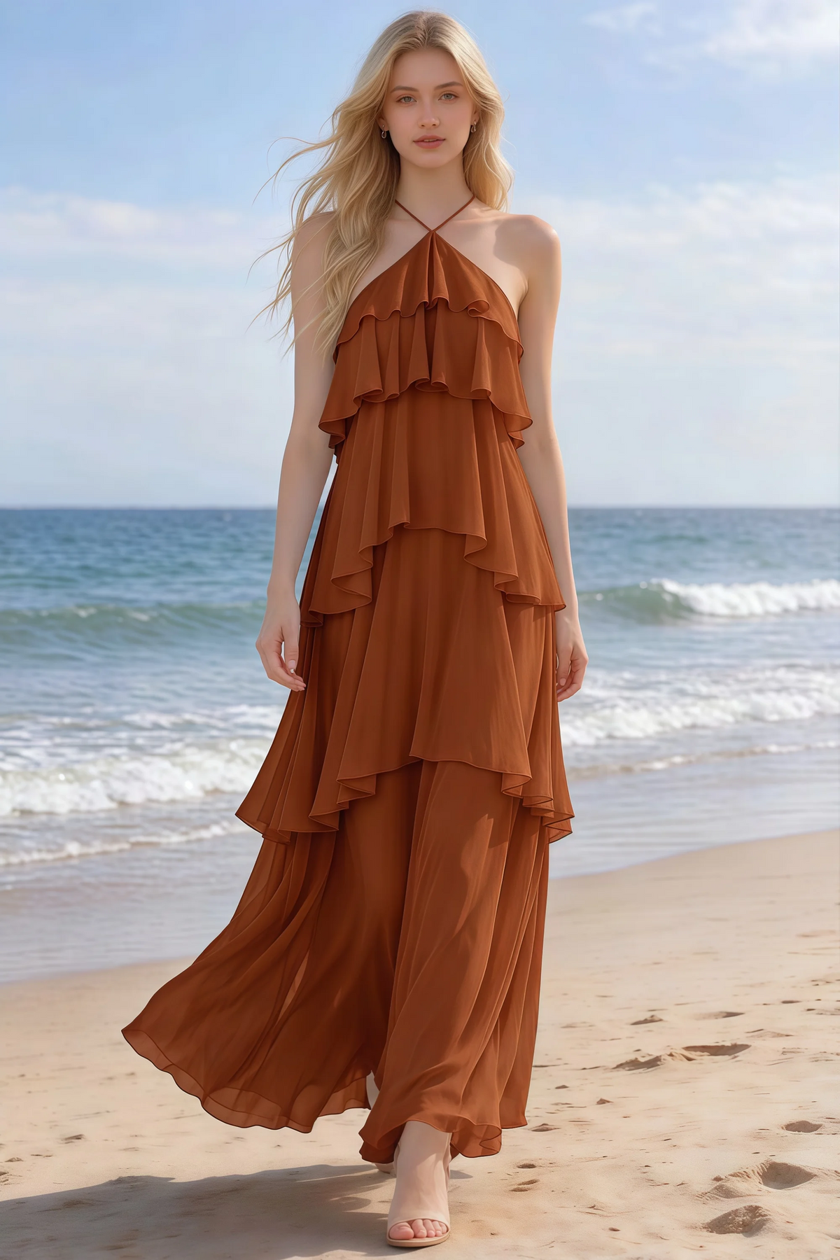 Audrey rust halter chiffon maxi dress shown from the front on a beach