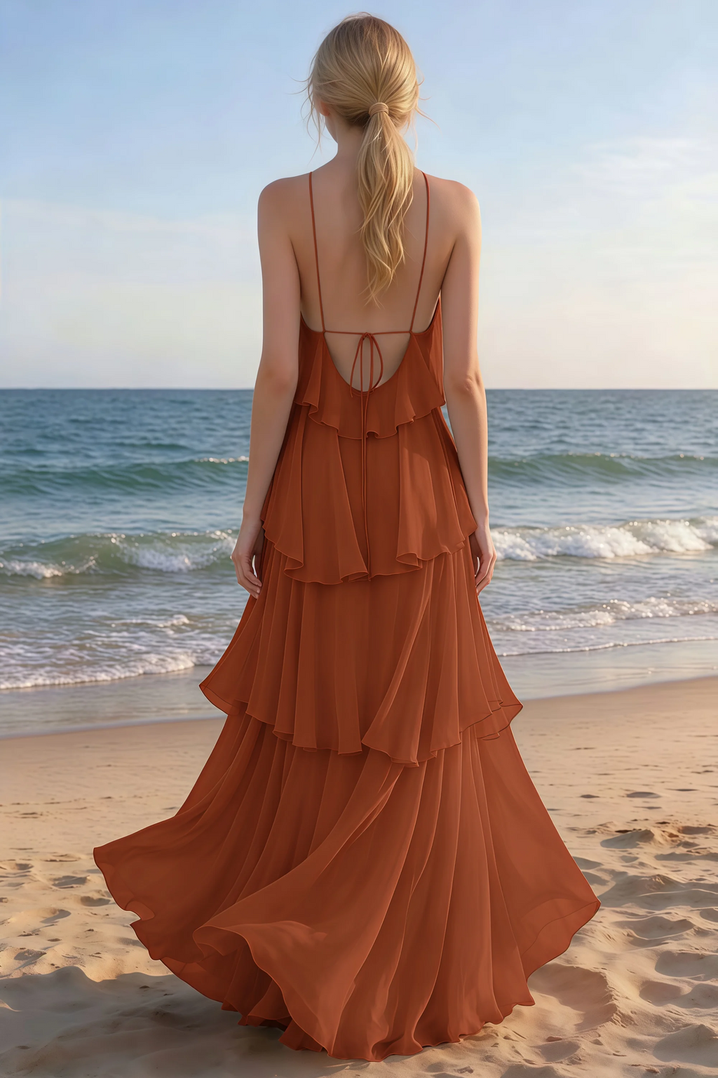 Rear beach view of Audrey rust tiered maxi dress with an open back and flowing hem