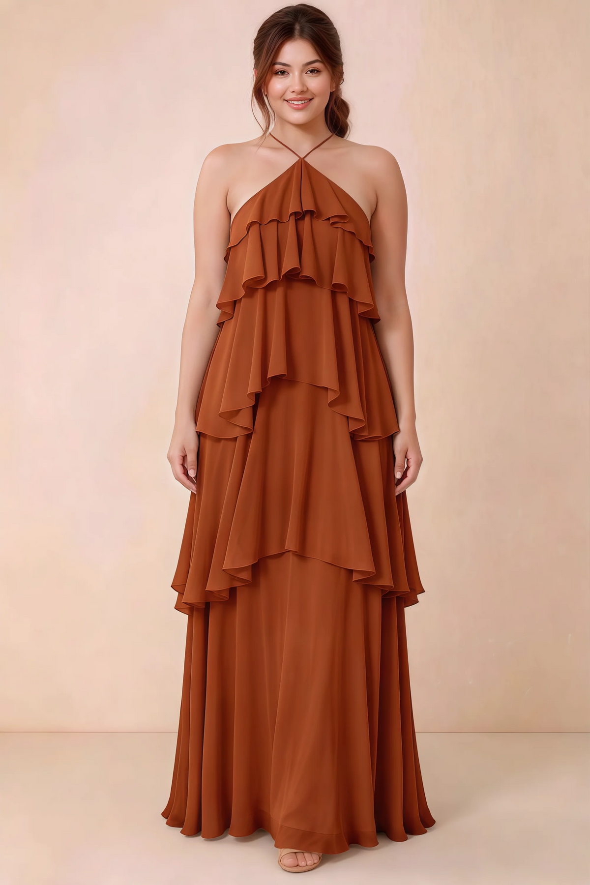 Front studio view of Audrey rust halter maxi dress showing the relaxed chiffon tiers