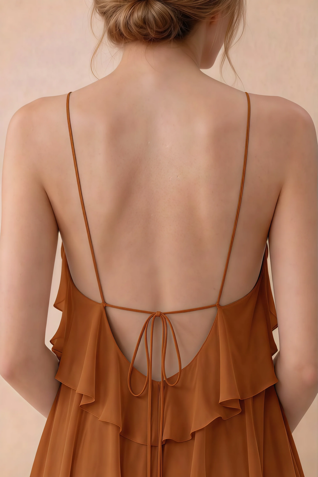 Close-up of Audrey rust open back with fine straps tied in a small bow