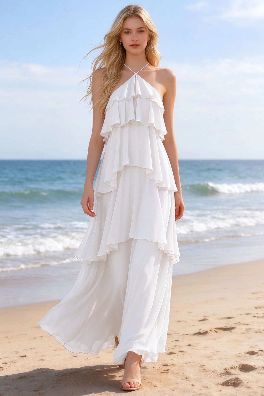 Audrey white halter chiffon maxi dress shown from the front on a beach