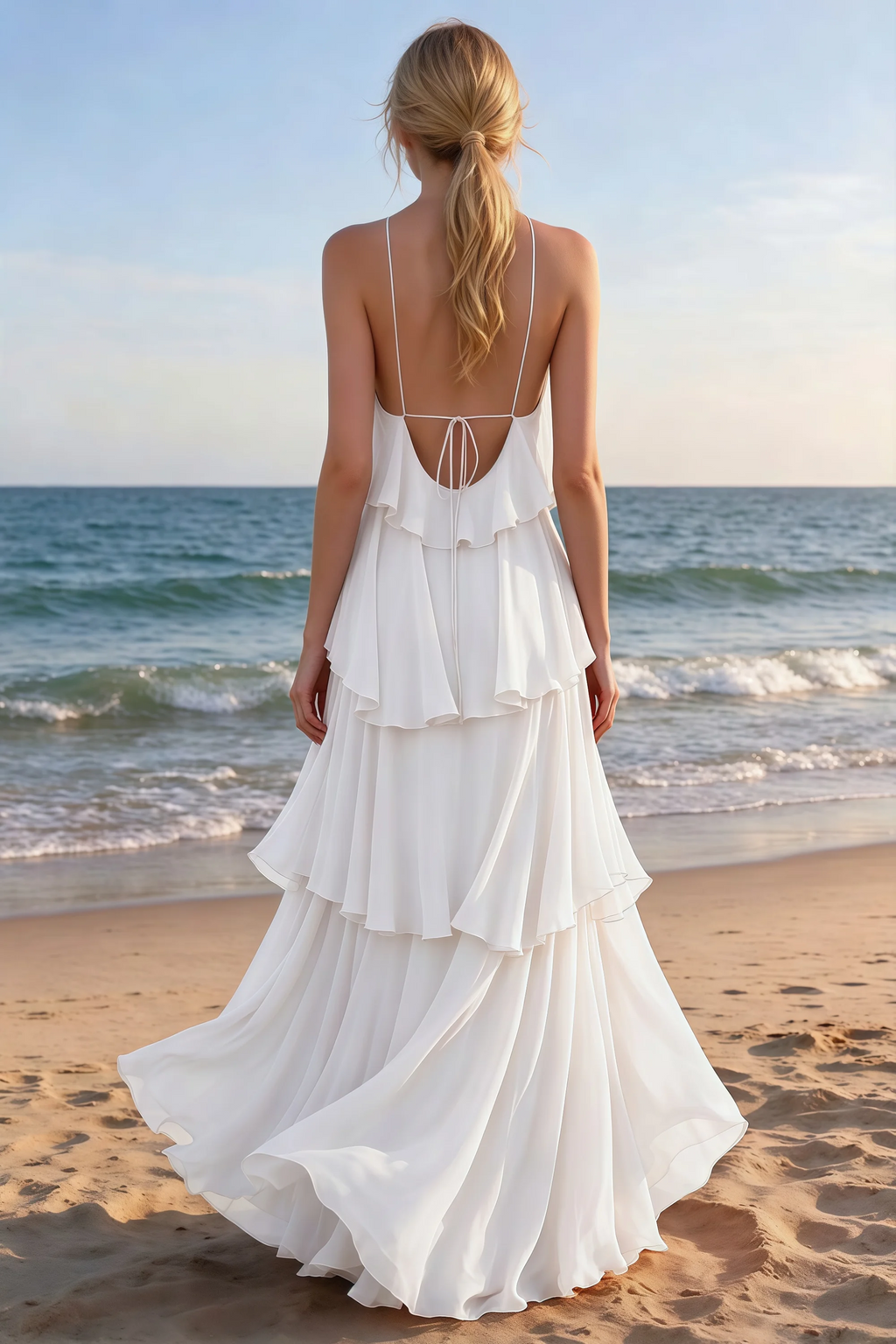 Rear beach view of Audrey white tiered maxi dress with an open back and flowing hem