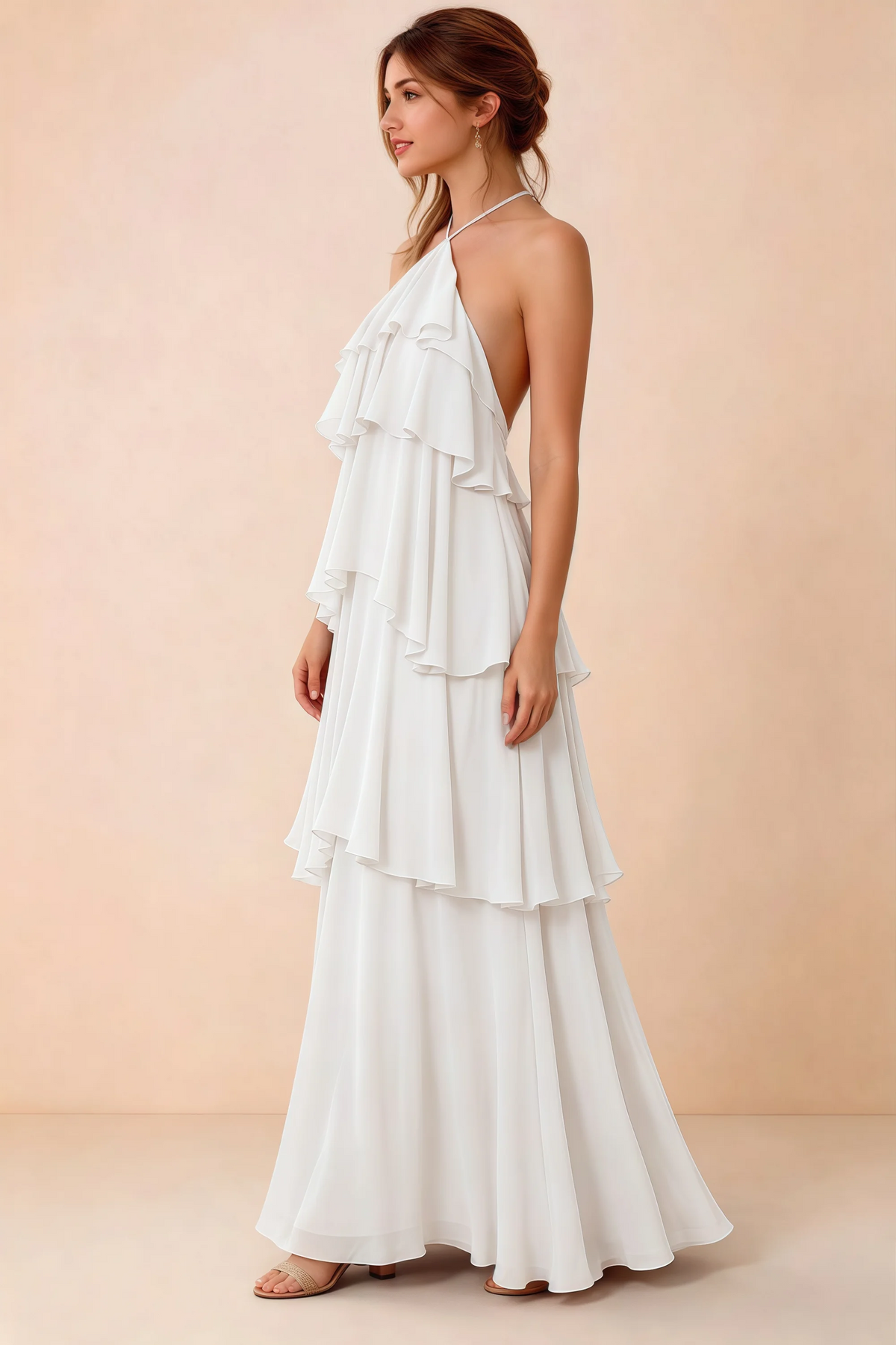 Side view of Audrey white chiffon dress showing the relaxed shape and layered ruffles