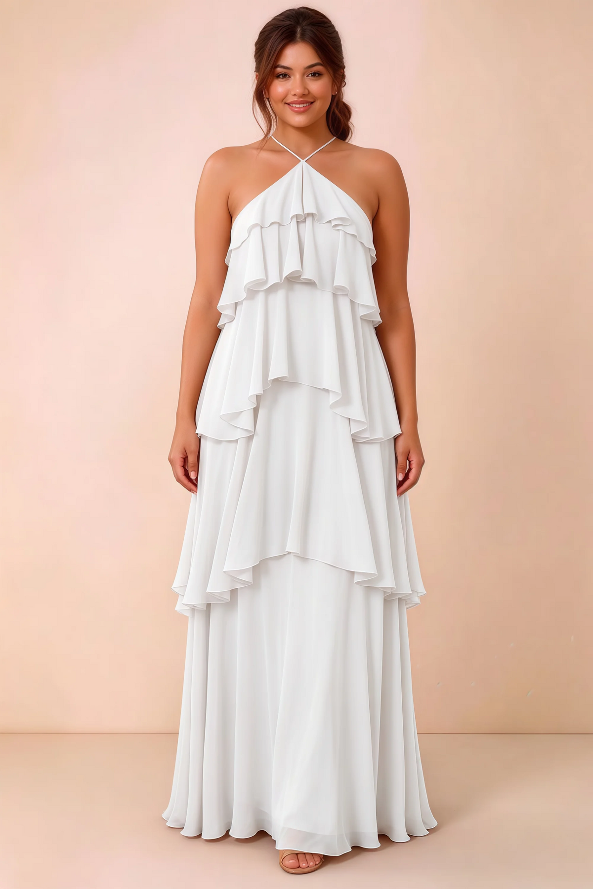 Front studio view of Audrey white halter maxi dress showing the relaxed chiffon tiers