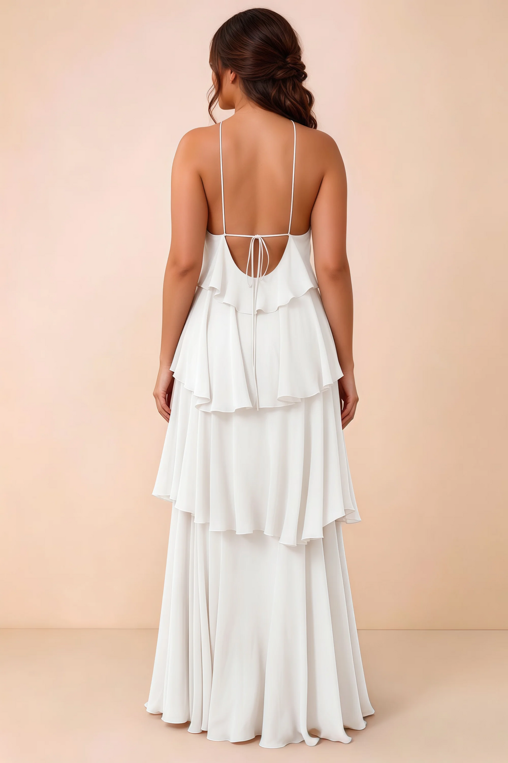 Rear studio view of Audrey white tiered chiffon dress showing the low back and fine ties